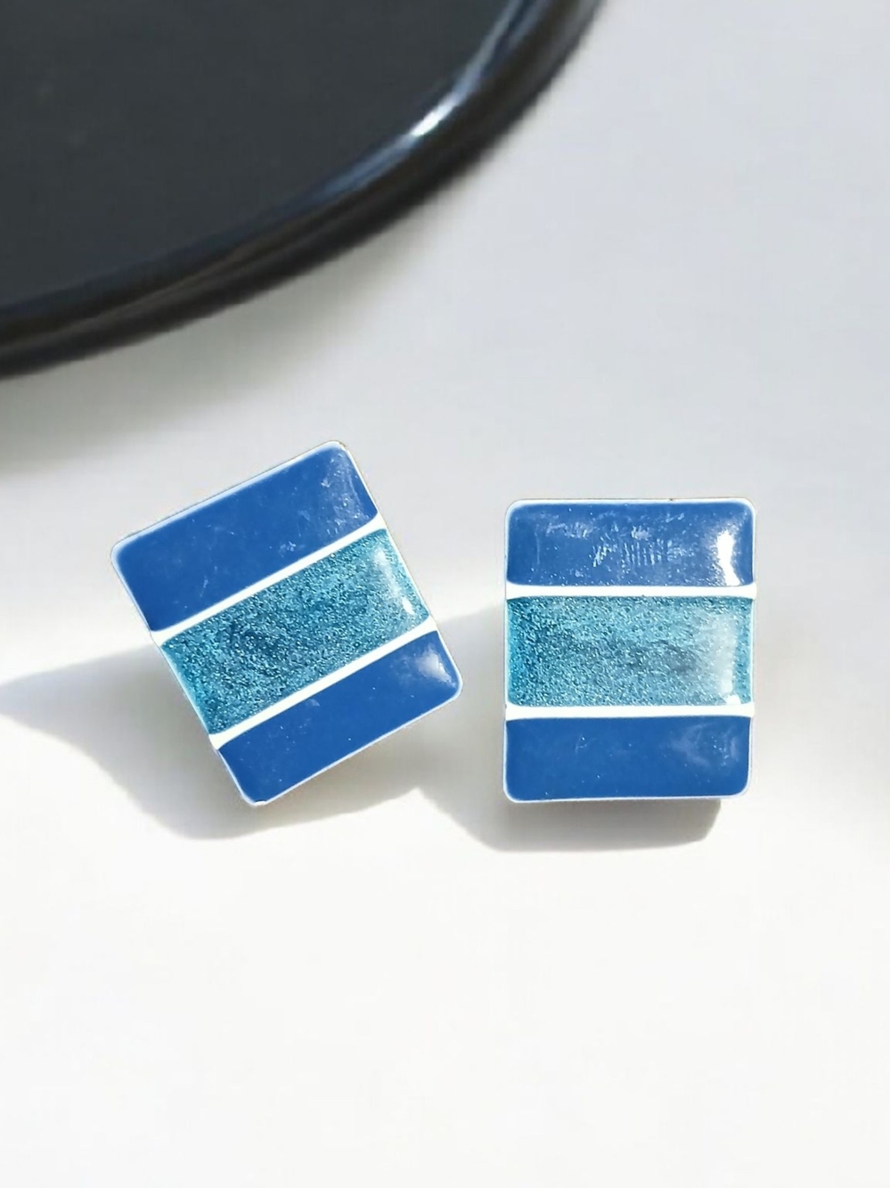 Clip On Blue Enamel Square Stripe Stud Earrings